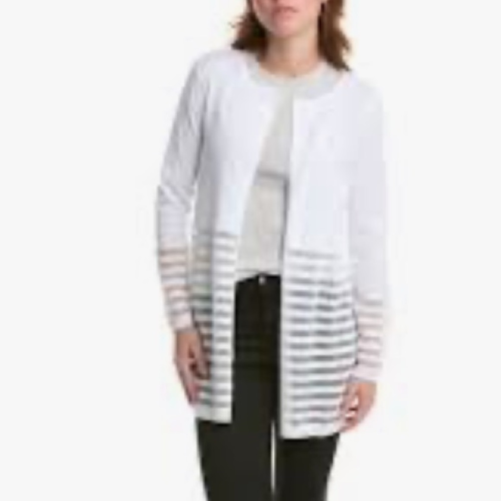 Edinburgh Knitwear White Sheer‎ Stripe Duster Jacket Pima Cotton NEW